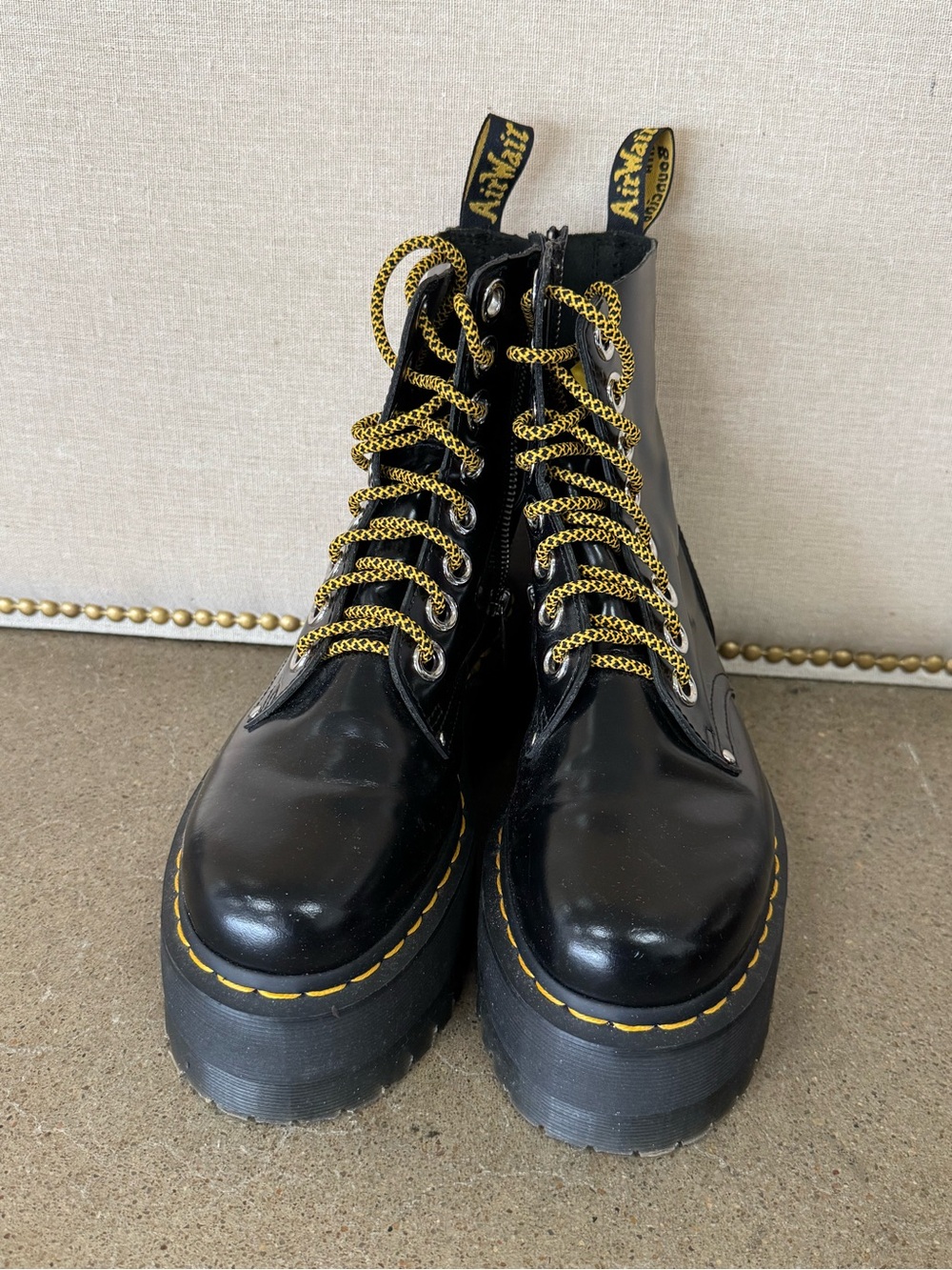 Dr. Martens Black Leather Platform Lace-Up Boots with Yellow Stitching and Laces